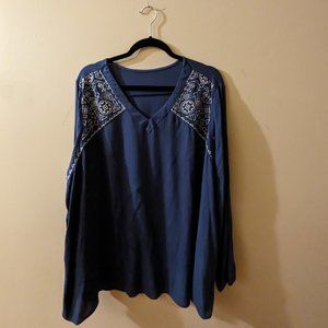 Blue and White Long Sleeve Embroidered Tunic | Avenue | Size 18/20